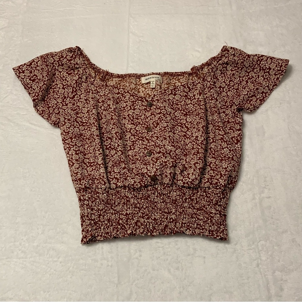 Monteau Floral Smocked Crop Top M Burgundy Boho Cottagecore Short Sleeve